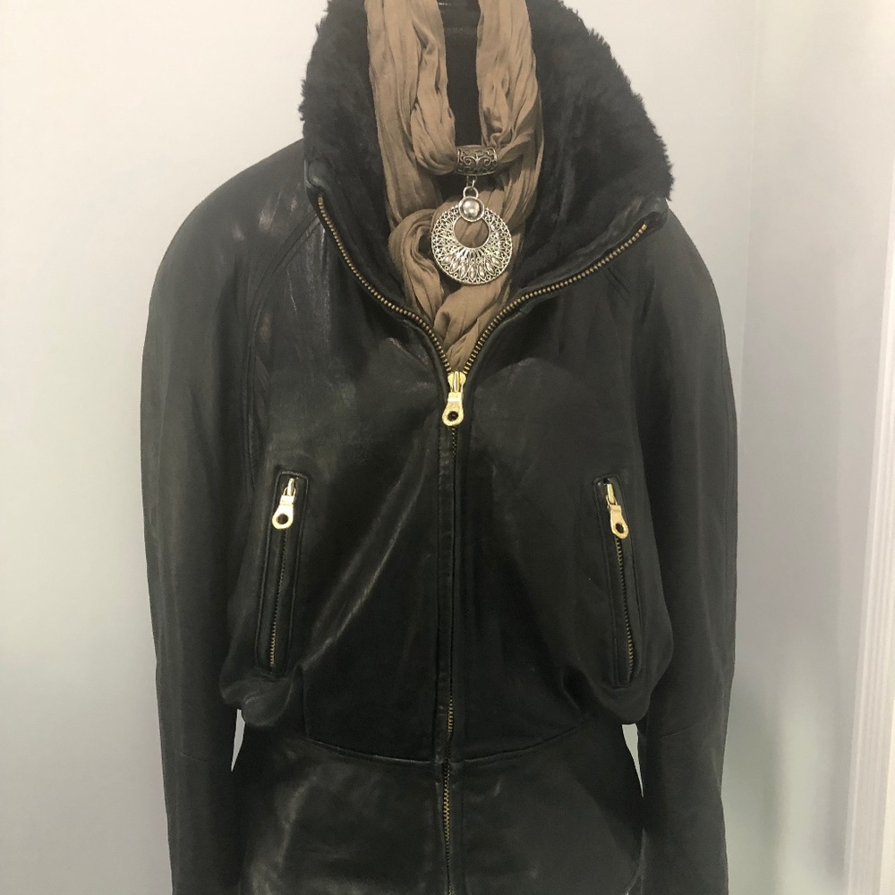 Vintage Black Leather Jacket with Faux Fur Collar and Cuffs